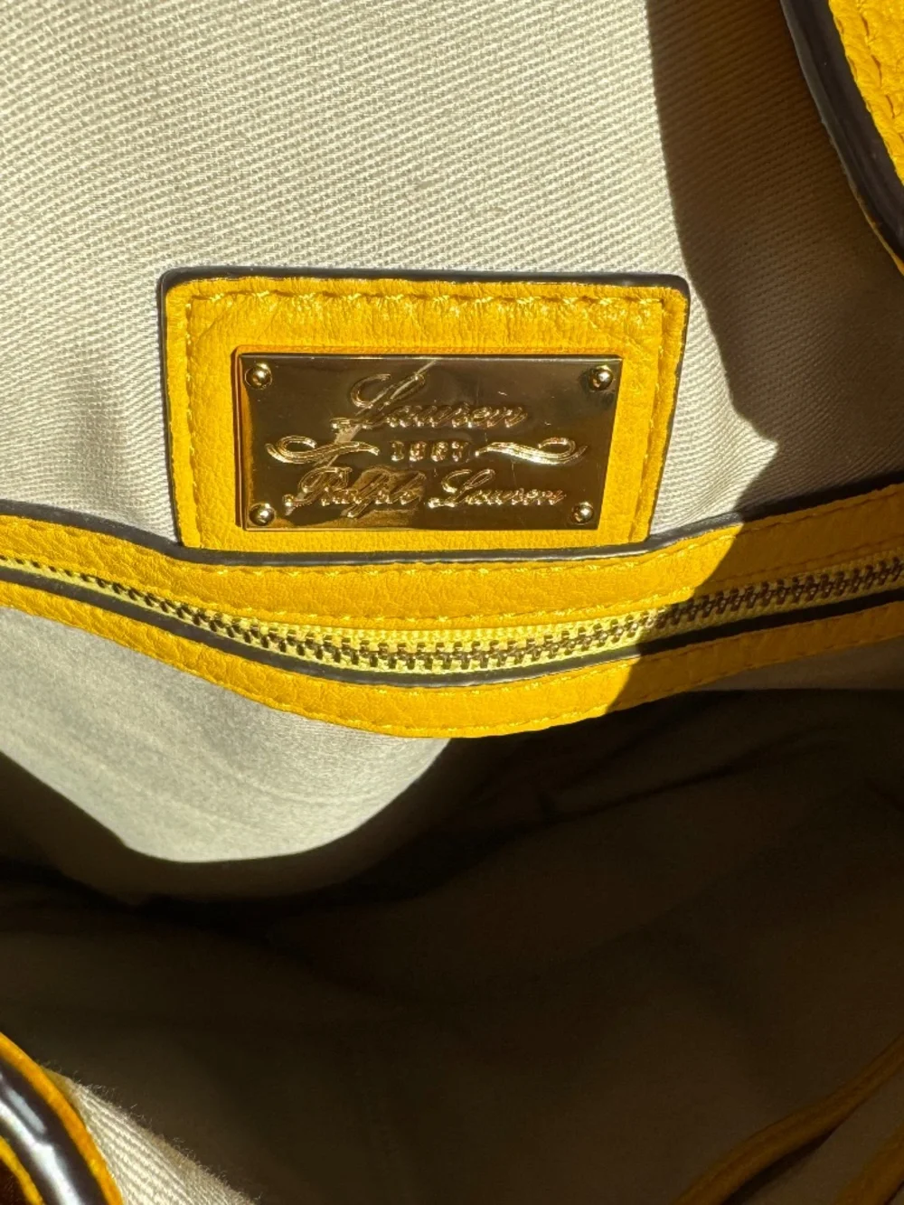 LRL Ralph Lauren Marigold Yellow Leather Double Cargo Pocket Hobo Bag